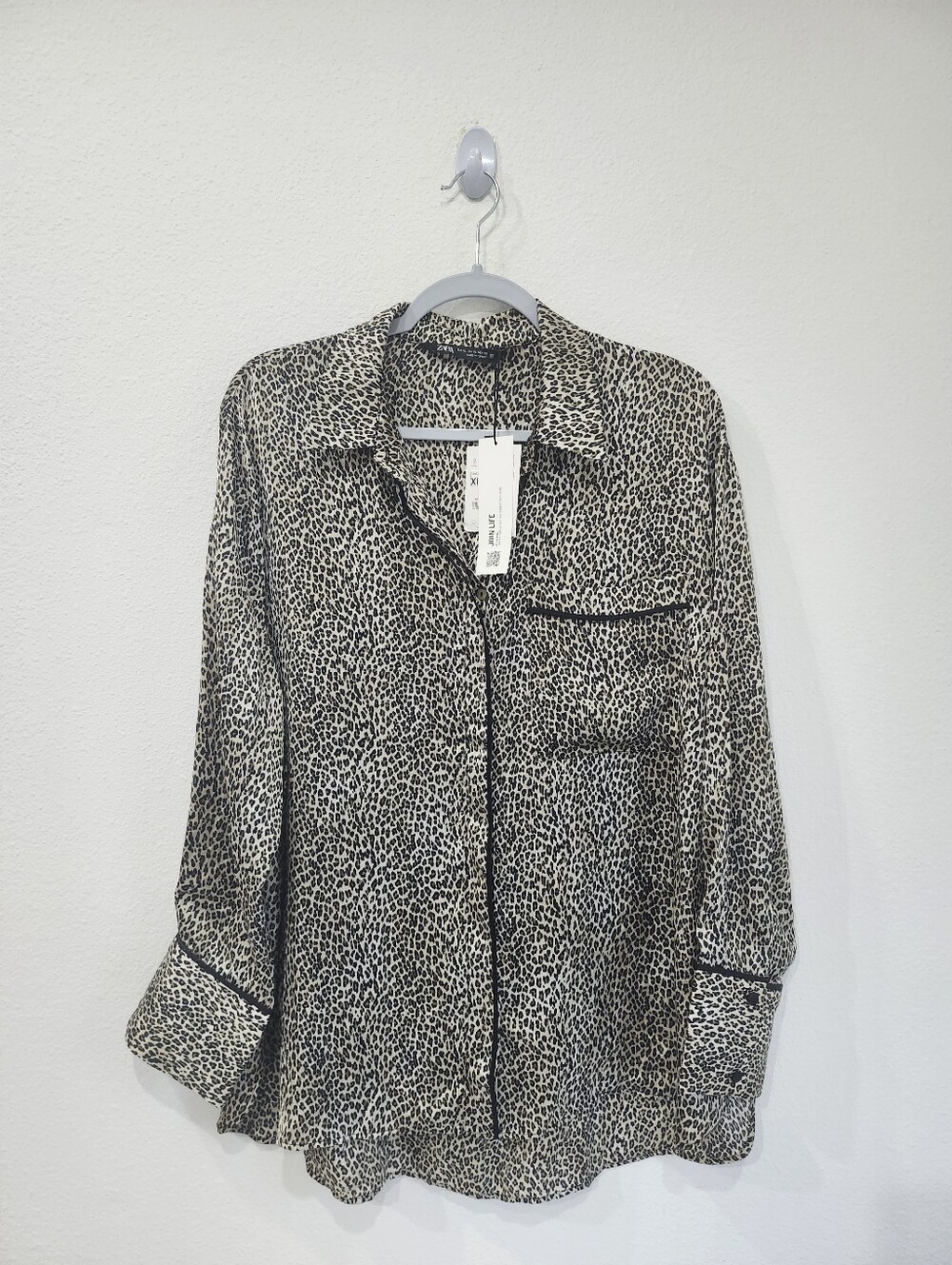 ZARA Satin Leopard Print Long Sleeve Blouse Shirt Size XL NWT